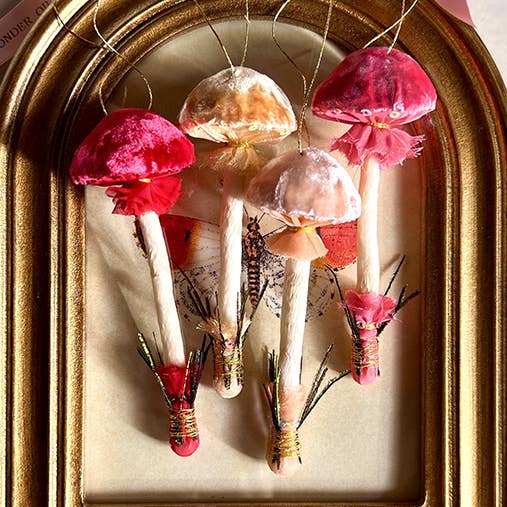 Velvet Mushroom Ornaments with Peacock Feather Accent for wholesale by Wonder Objects