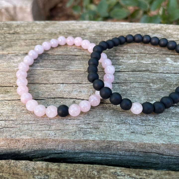 Pulseiras elásticas de distância par ágata fosca e quartzo rosa por atacado de Boutique Bohème