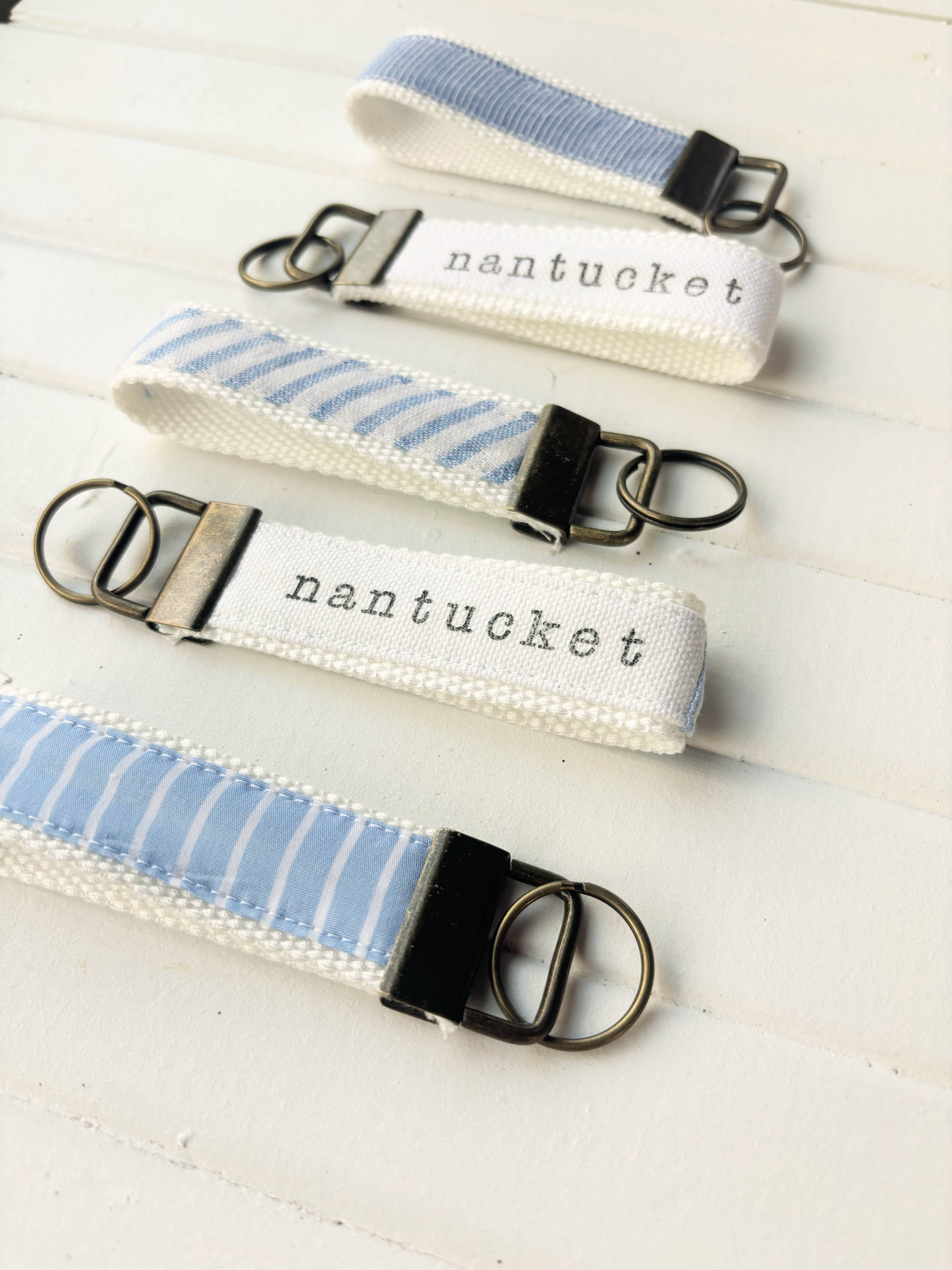 Seagate Studio - Wholesale Keychain - Unisex - Custom Town Name Coastal Stripes Upcycled Fabric Key Fobs1
