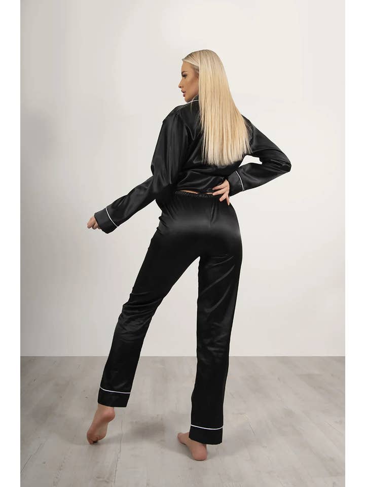 Femme Luxe – wholesale Sleepwear set – Women's – Black Piping Detail Long Sleeve Satin Pyjama Set - Alena4