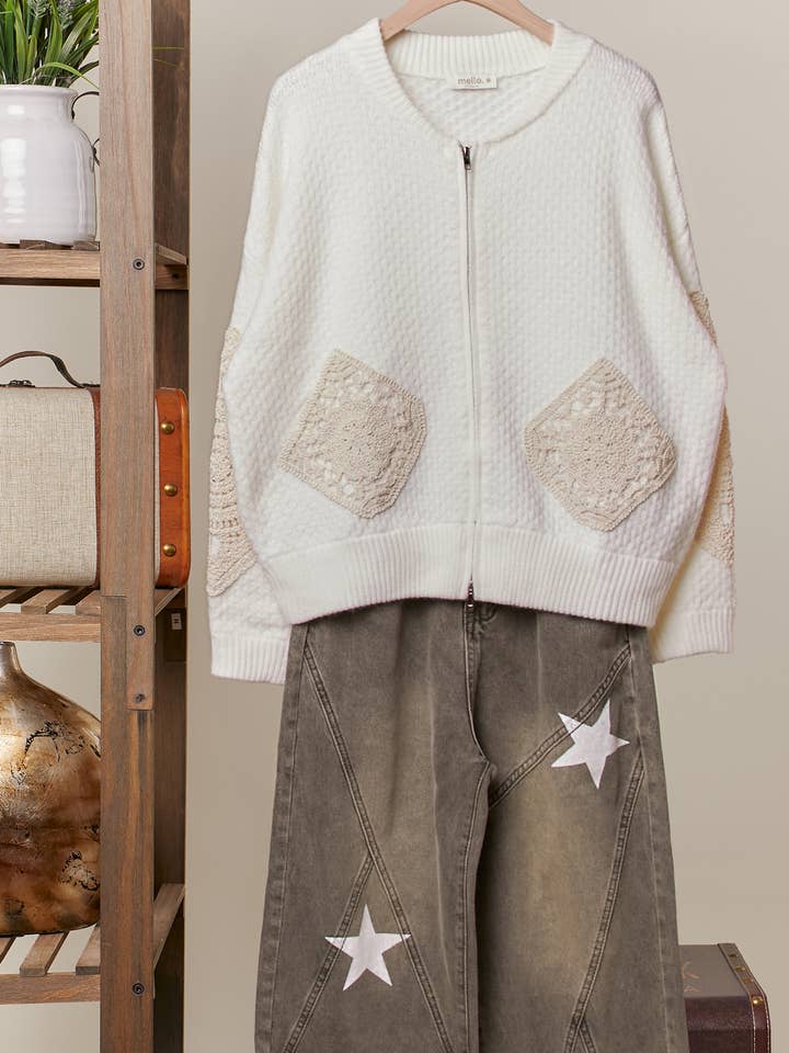 Ivory Brown Textured Zip Up Front Long Sleeves Sweater for wholesale on Faire