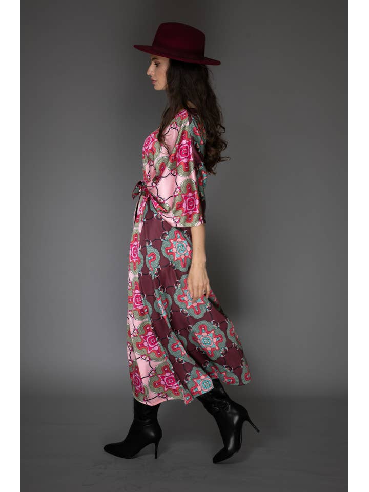 Nuvula - Wholesale Kaftan – Women's - Pink Abstract Multicolor Belted V-Neck Kaftan Satin Dress1