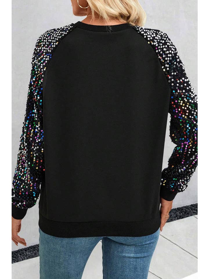 Black Sequin Raglan Sleeve Crewneck Sweatshirt for wholesale on Faire