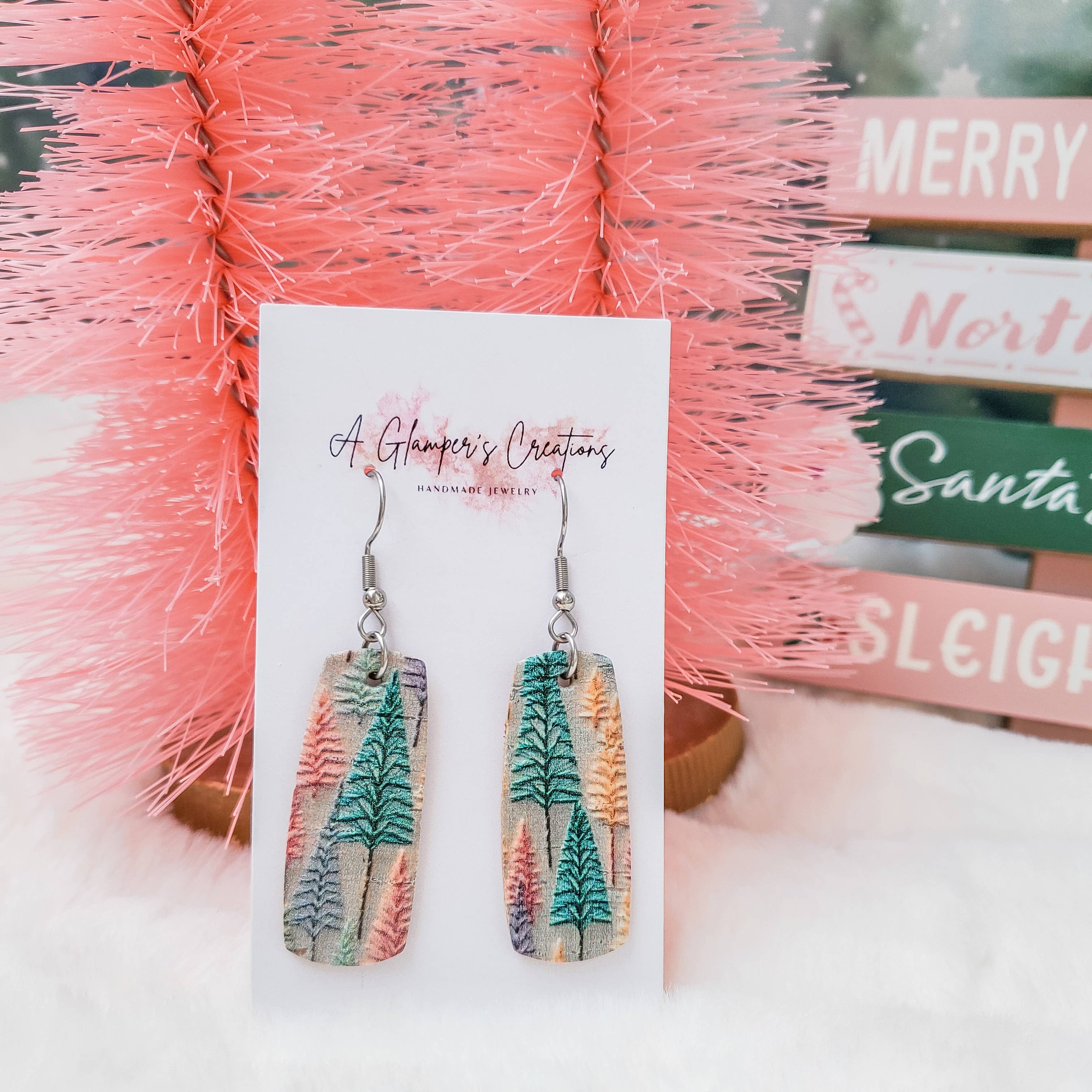 A Glamper's Creations LLC - Wholesale Dangle Earrings - Faux Embroidered Christmas Trees Mini Bar Leather Earrings1