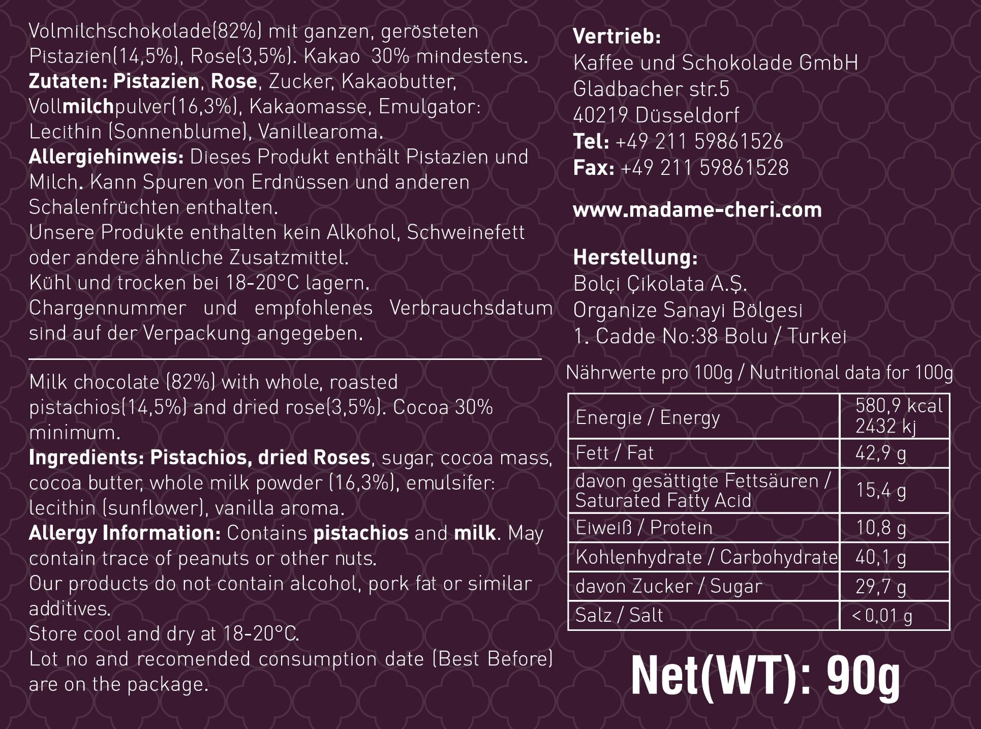 Kaffee und Schokolade GmbH – wholesale Baking chocolate – Rose & pistachio whole milk chocolate 90g3