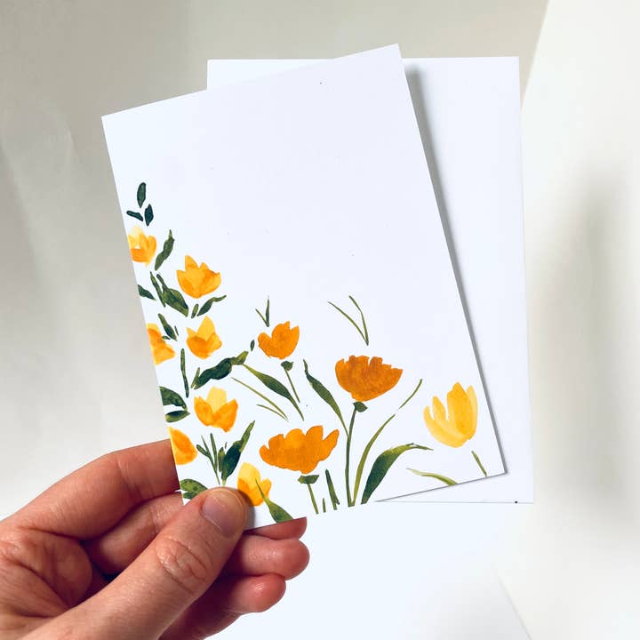 Atelier By Cat – Engroshandel Brevpapir/sæt med noteskort – Gul blomsteræske kortsæt, 100% genbrugspapirkort