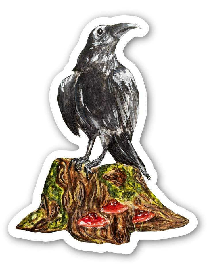 Crow on tree stump vinyl sticker for wholesale by Indigo’s Meadow