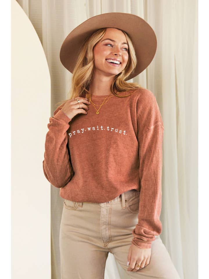 OAT COLLECTIVE - Wholesale Graphic Sweatshirt - Women's - PRAY WAIT TRUST Mineral Graphic Sweatshirt