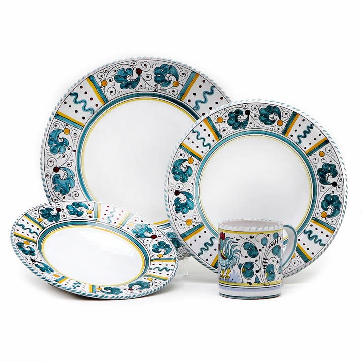 ORVIETO GREEN ROOSTER: 4 Pieces Place Setting - White center for wholesale by Artistica - Deruta of Italy