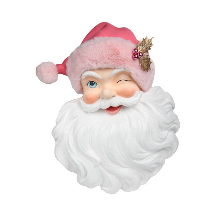 December Diamonds - Wholesale Christmas Decoration - Santa Head w/Pink Fur Hat Wall Décor0