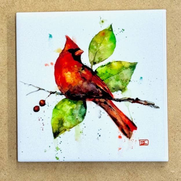 Dessous de verre en céramique 'CARDINAL & FEUILLAGE' pour la vente par The Art of Dean Crouser Greeting Cards & Stickers
