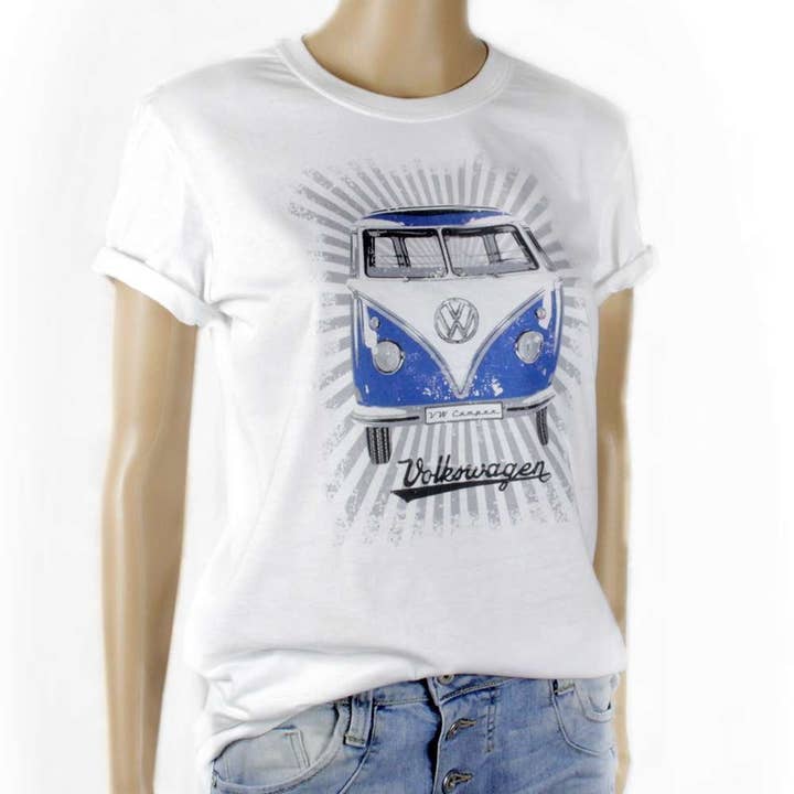 VW Collection by BRISA - Venta al por mayor Camiseta serigrafiada - Unisex - Camiseta VW T1 Bus Unisex (XXL) - Rayas Samba/Azul y Blanco