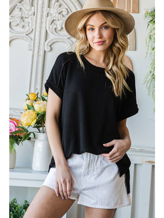 7th Ray - Venta al por mayor Túnica - Mujer - Top de manga corta con hombro caído, costilla sólida y abertura lateral T516017