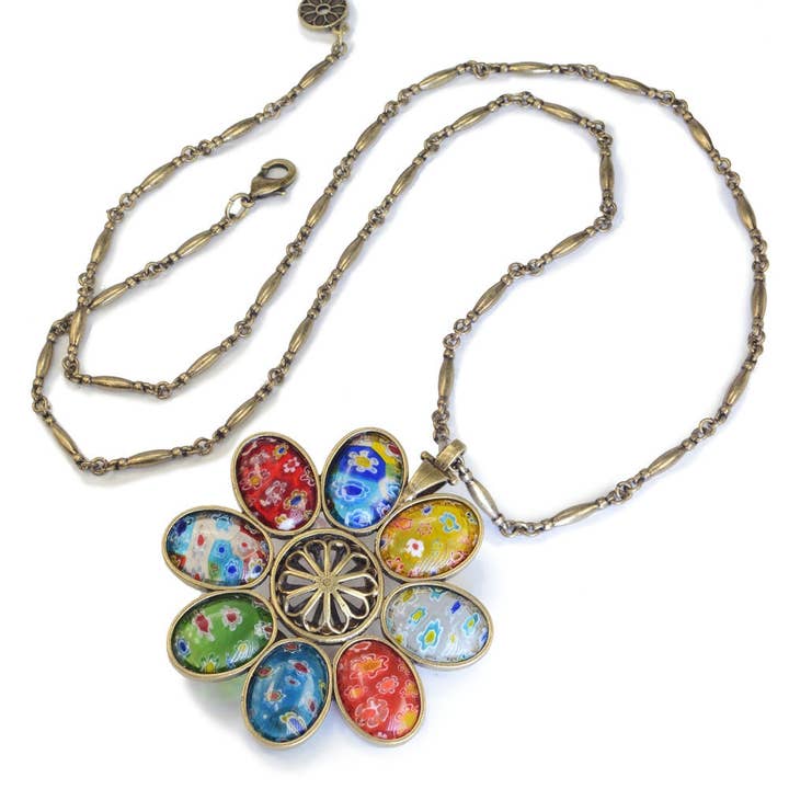 Millefiori Glass Candy Flower Pendant Vintage Necklace for wholesale by Sweet Romance Jewelry
