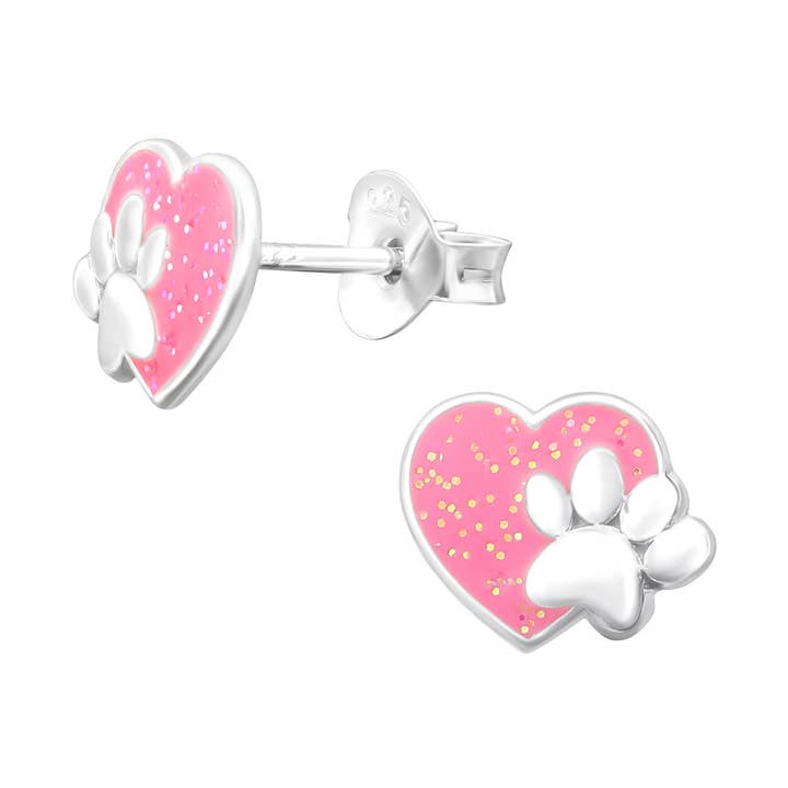 Boucles d'oreilles empreinte de patte cœur rose E-235 pour la vente par Moonrise Jewelry
