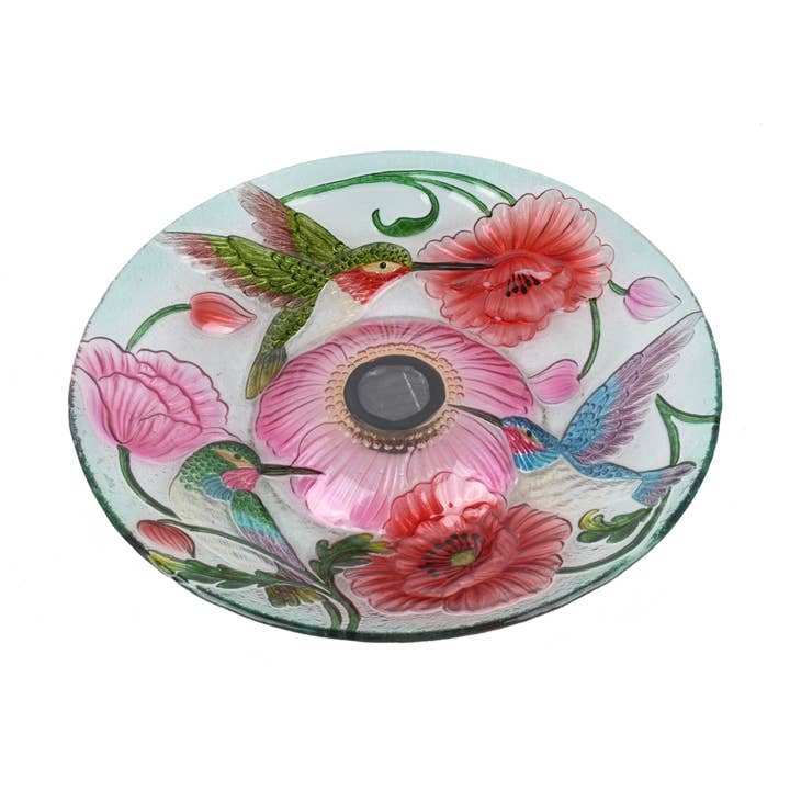 Hi-Line Gift Ltd. - Vente Bain pour oiseaux - Bain d'oiseaux en verre floral à LED solaire - Colibri et coquelicots3