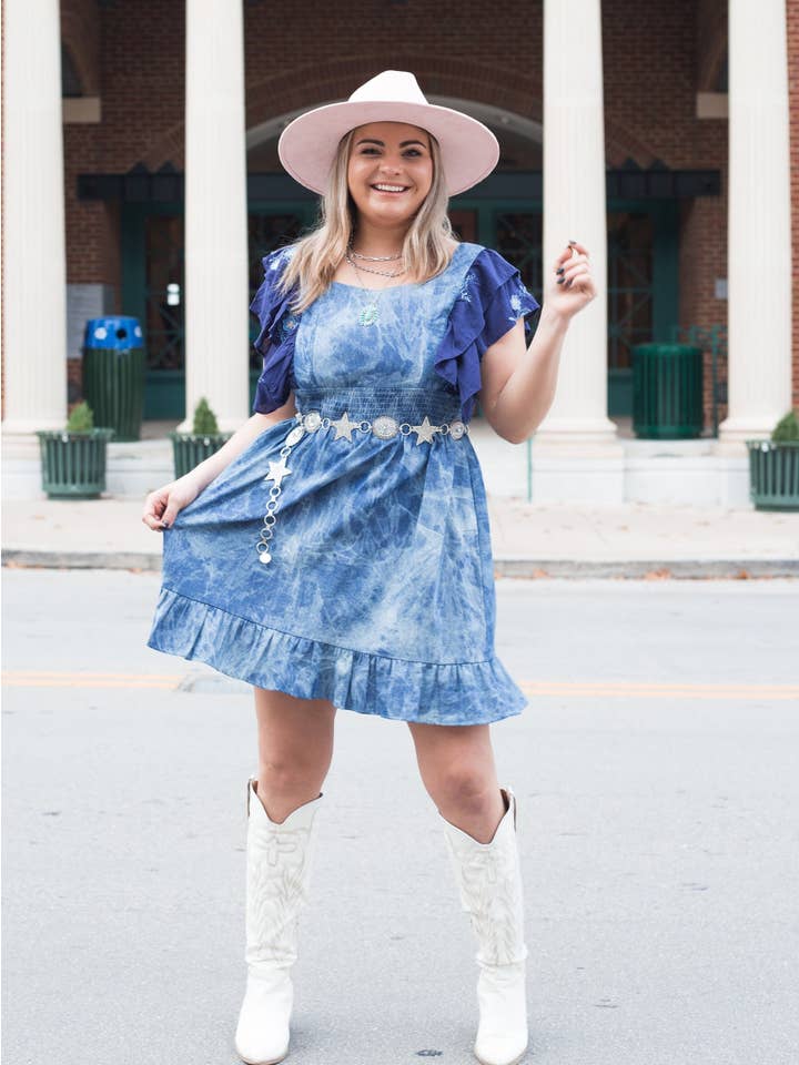 Blue Flirty Floral Tie Back Denim Dress for wholesale on Faire
