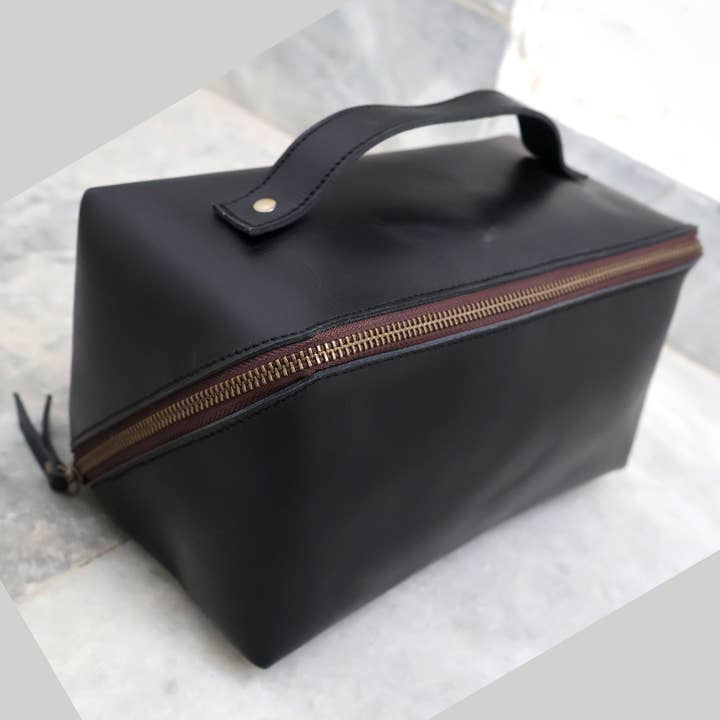 Black Leather Toiletry Bag - Travel Dopp Kit Makeup Bag for wholesale by Billion Brothers