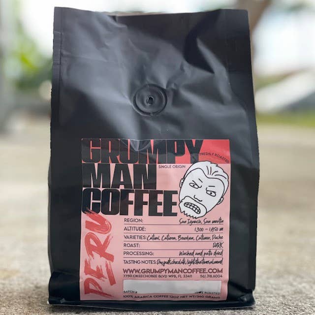 Peru Fresh Roasted Dark Roast Coffee Beans for wholesale by Grumpy Man Coffee Roasters