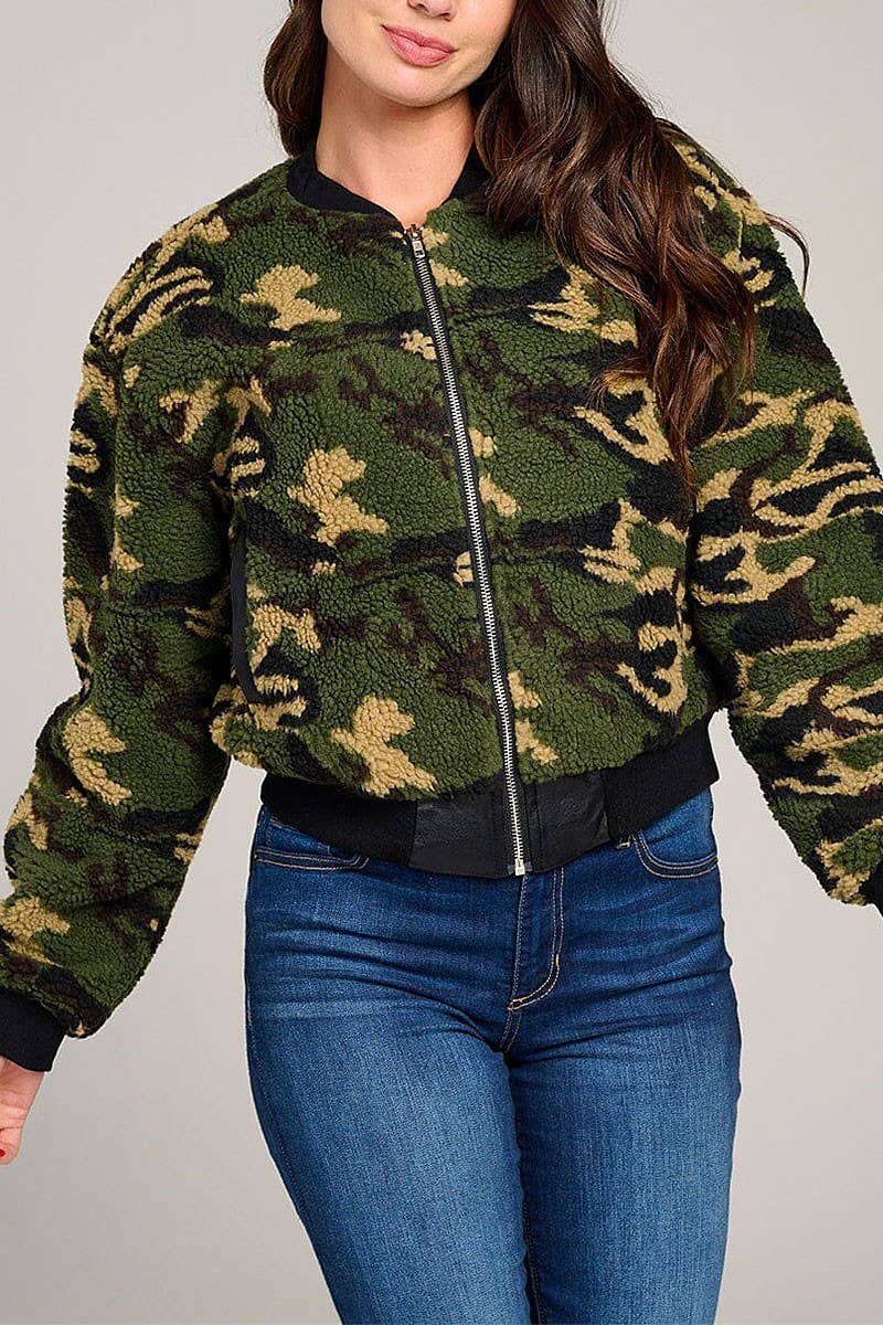 CAMO PRINT SHERPA ZIP UP POCKETS FRONT JACKET for wholesale on Faire
