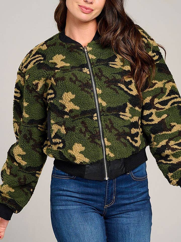 CAMO PRINT SHERPA ZIP UP POCKETS FRONT JACKET for wholesale on Faire0