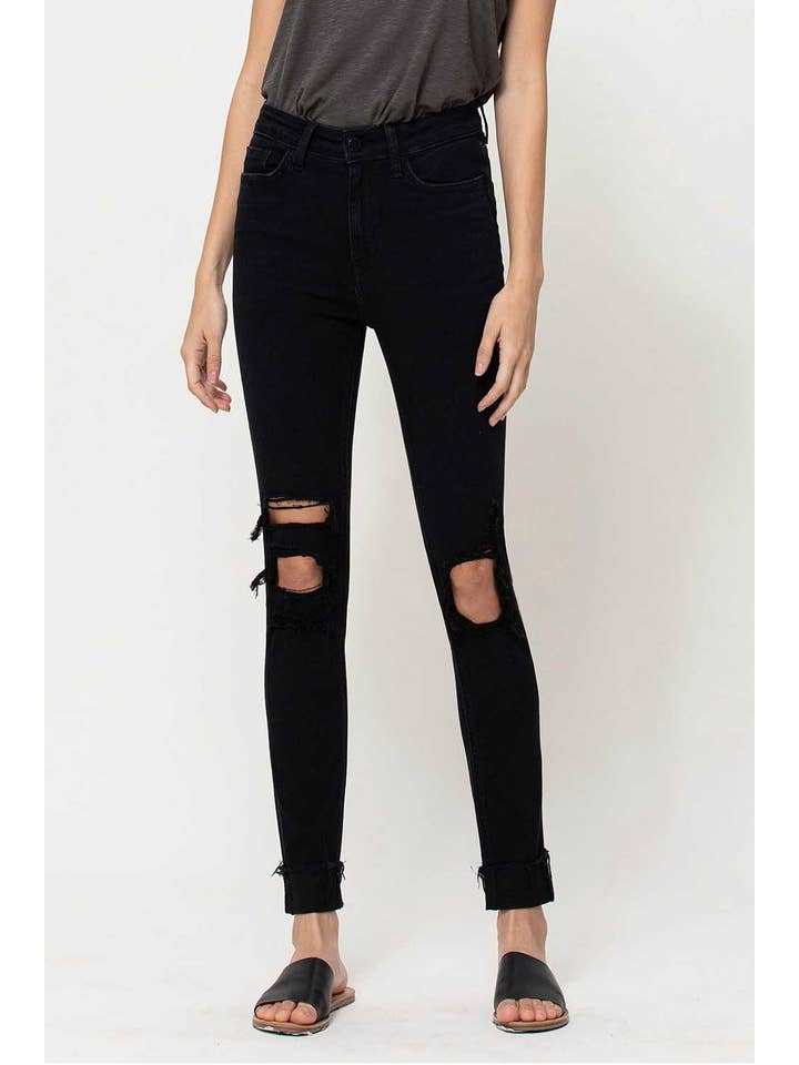 OVER YOU HIGH RISE DISTRESSED FRAYED CUFFED SKINNY JEANS F4081 for wholesale on Faire