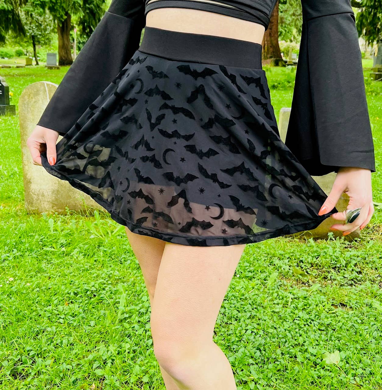 Witchwood Bags – Engroshandel Skørt - Dame – Den Morbid Mini Skort - FLAGERMUS - Nederdel med Floktrykte Flagermus RTS4