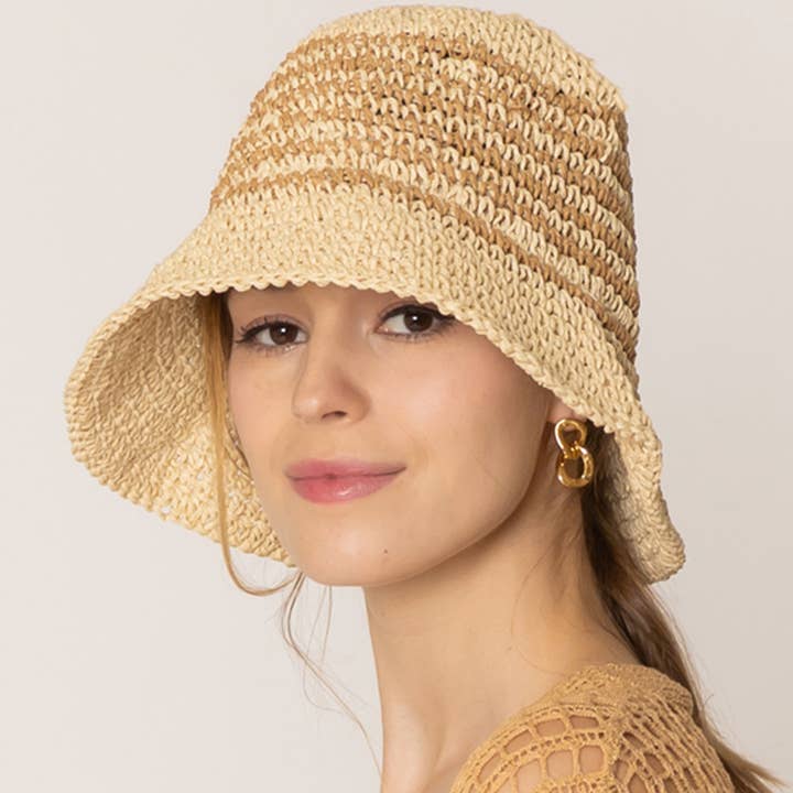 Fashion City - Wholesale Bucket Hat - Women's - Two Tone Stripe Straw Crochet Bucket Hat4