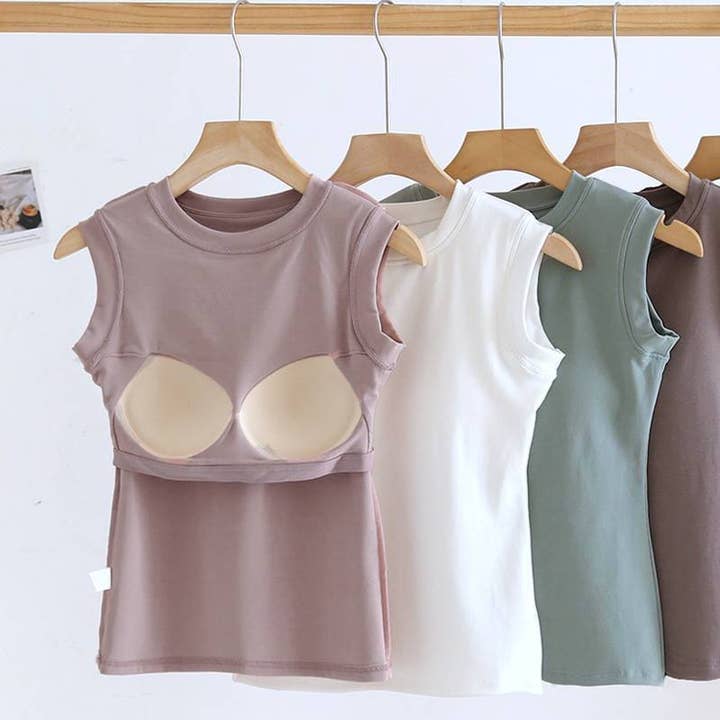 Rosa Clothing - Wholesale Tank Top - Women's - Basic cotton blend sleeveless R-neck tee self bra tank top