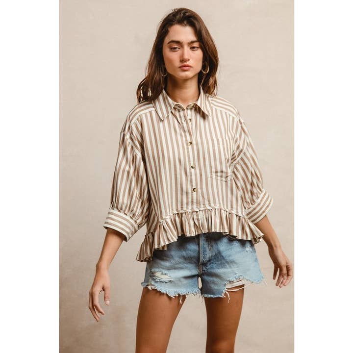 IVE - Wholesale Knit Top - Women's - STRIPE WOVEN RUFFLED HEM BUTTON UP SHIRT