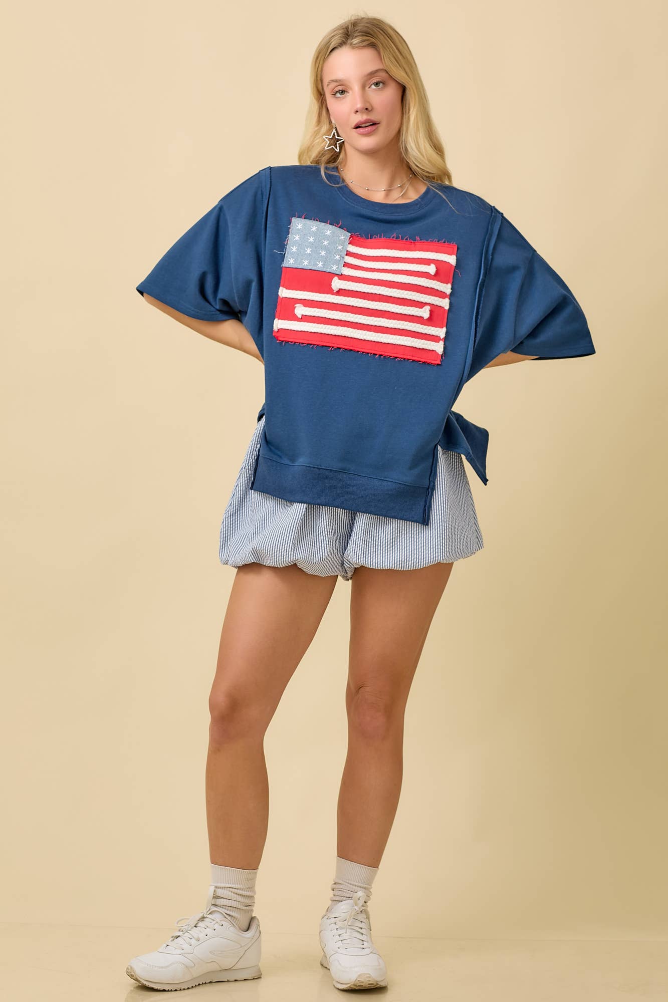 DARK BLUE Boxy Wide Short Sleeve Top With American Flag Patchwork for wholesale on Faire7
