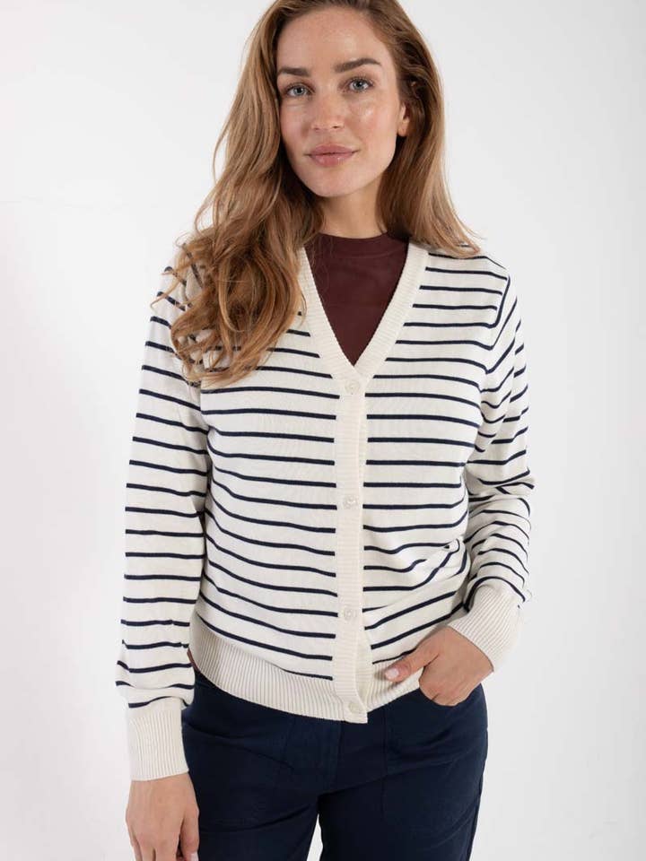 Danefae København - Wholesale Cardigan – Women’s - Danejolly Cotton Knit Cardigan Chalk/Dk Navy3