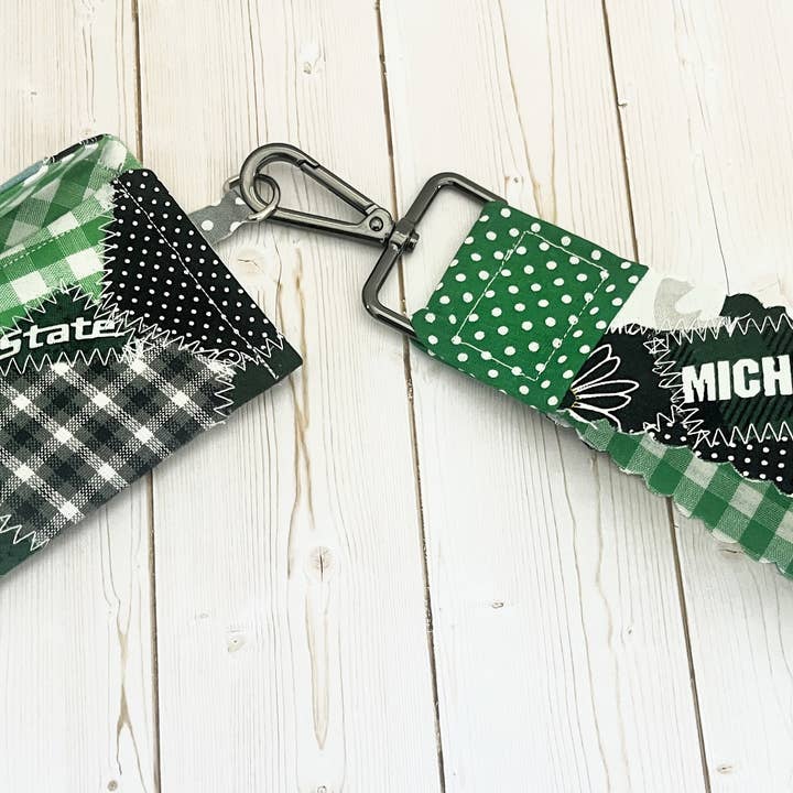 Michigan State patchwork wrist lanyard & wallet set; MSU for wholesale by Plaid Spirit