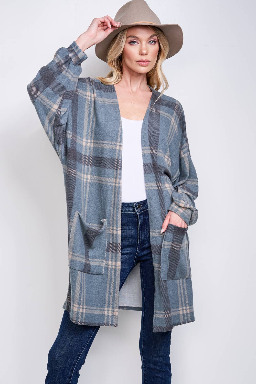 Phil Love - Wholesale Kimono - Women's - T872F02 - Preppy Plaid Loose-Fit Women's Kimono Cardigan