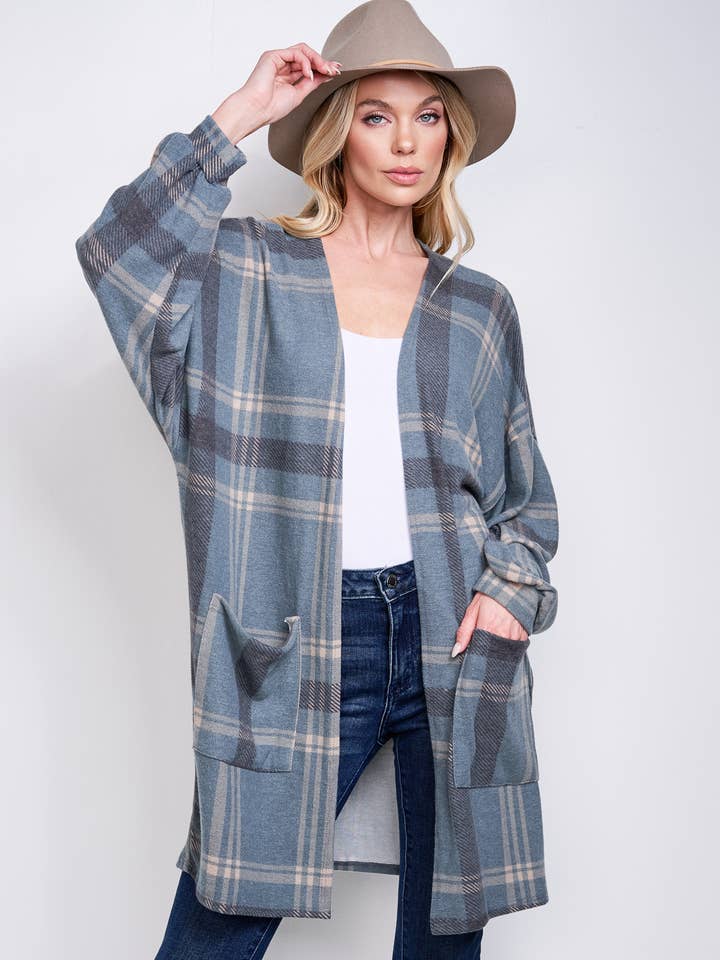 Phil Love - Wholesale Kimono - Women's - T872F02 - Preppy Plaid Loose-Fit Women's Kimono Cardigan0
