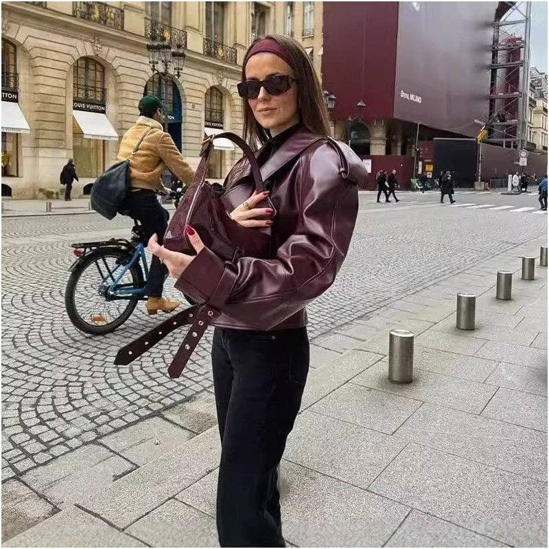 UZ Wholesale Store - Wholesale Leather Jacket - Women's - Retro Collar Leather Biker Jacket3