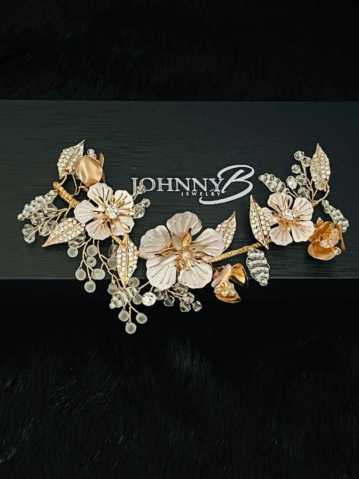 VEDA - Gold Flowers With Crystal Centers Hair Piece In Gold for wholesale by JohnnyB Jewelry