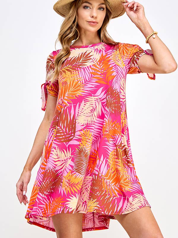 Bundet delt ærme flerfarvede blade print kjole for engroshandel hos Melon Fashion