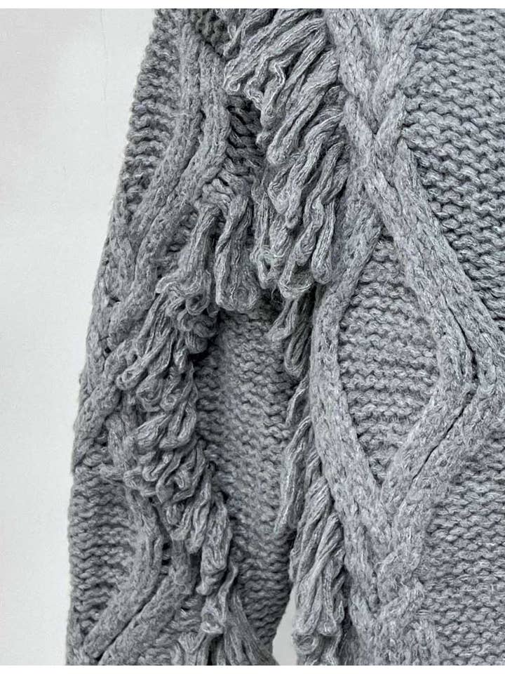Grey Ladies Cable Knit Tassel Round Neck Button Front Cardigan for wholesale on Faire2