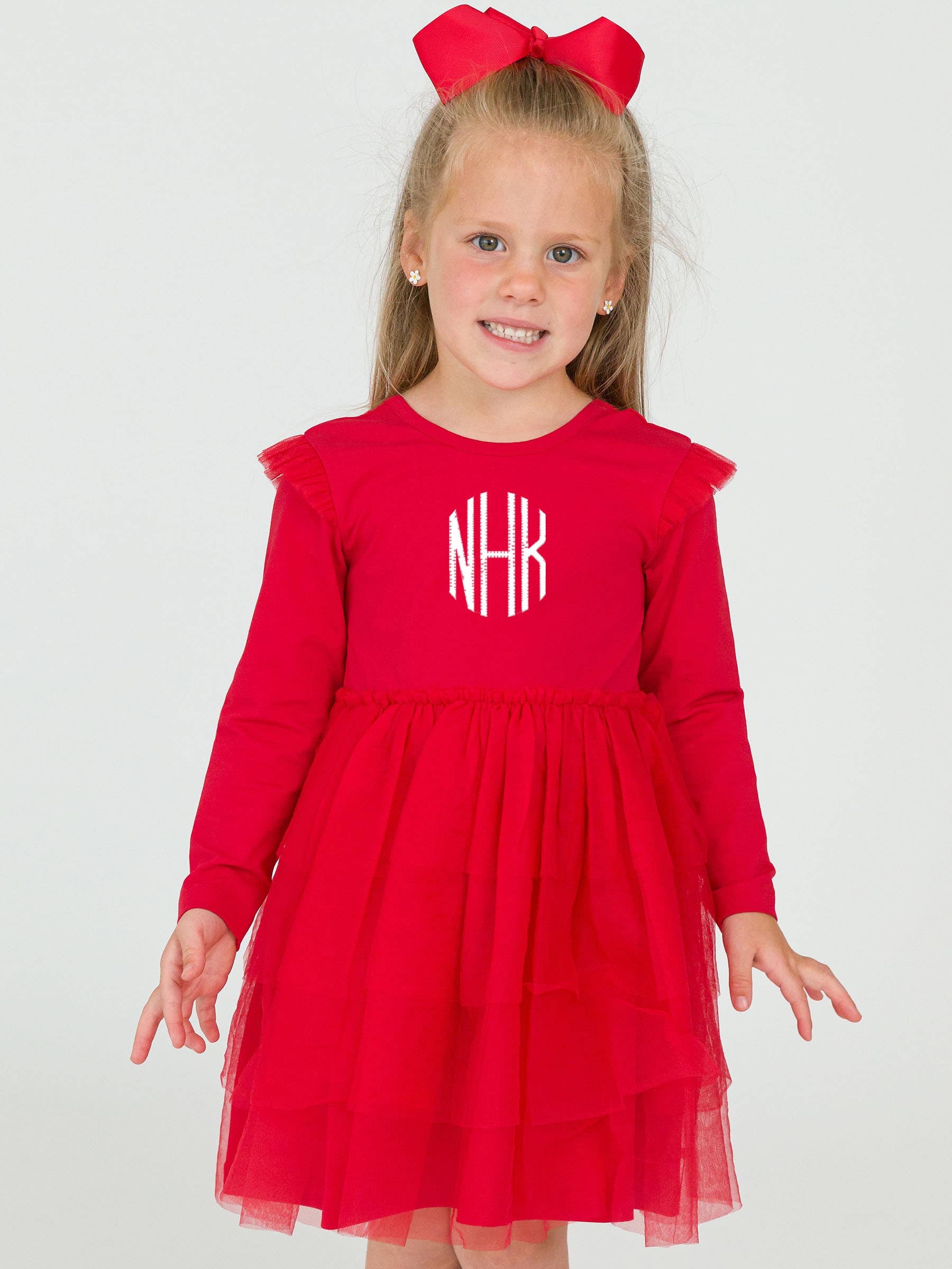 Girls Red Flutter Tulle Long Sleeve Twirl Dress for wholesale on Faire5