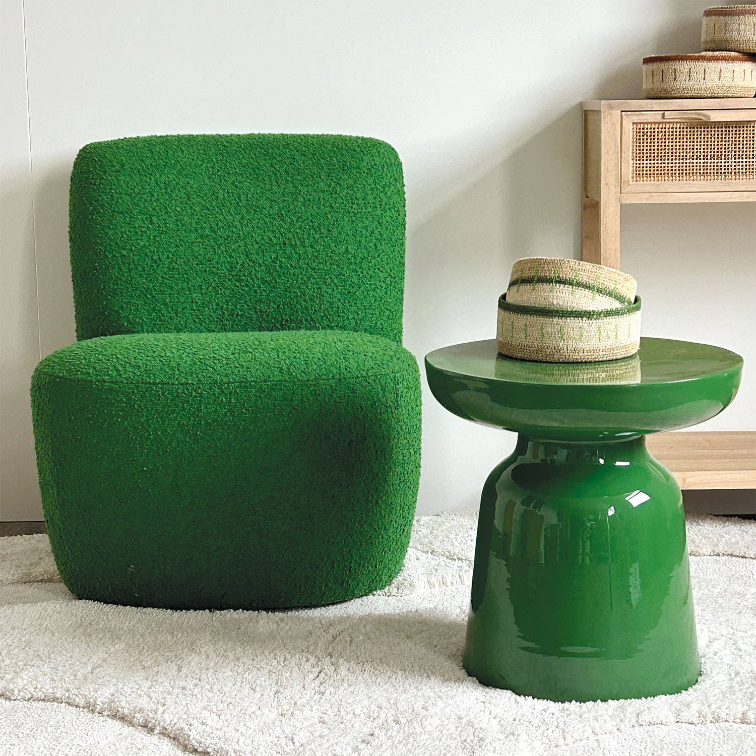Vert feuille Fauteuil Eve tissu bouclette vert feuille L58 P73 H71cm en vente sur Faire5