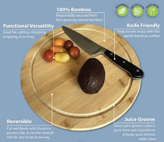Trio Trading - Wholesale Cutting Board - Bamboo Cutting Board, Round Chopping Board with Juice Groove2