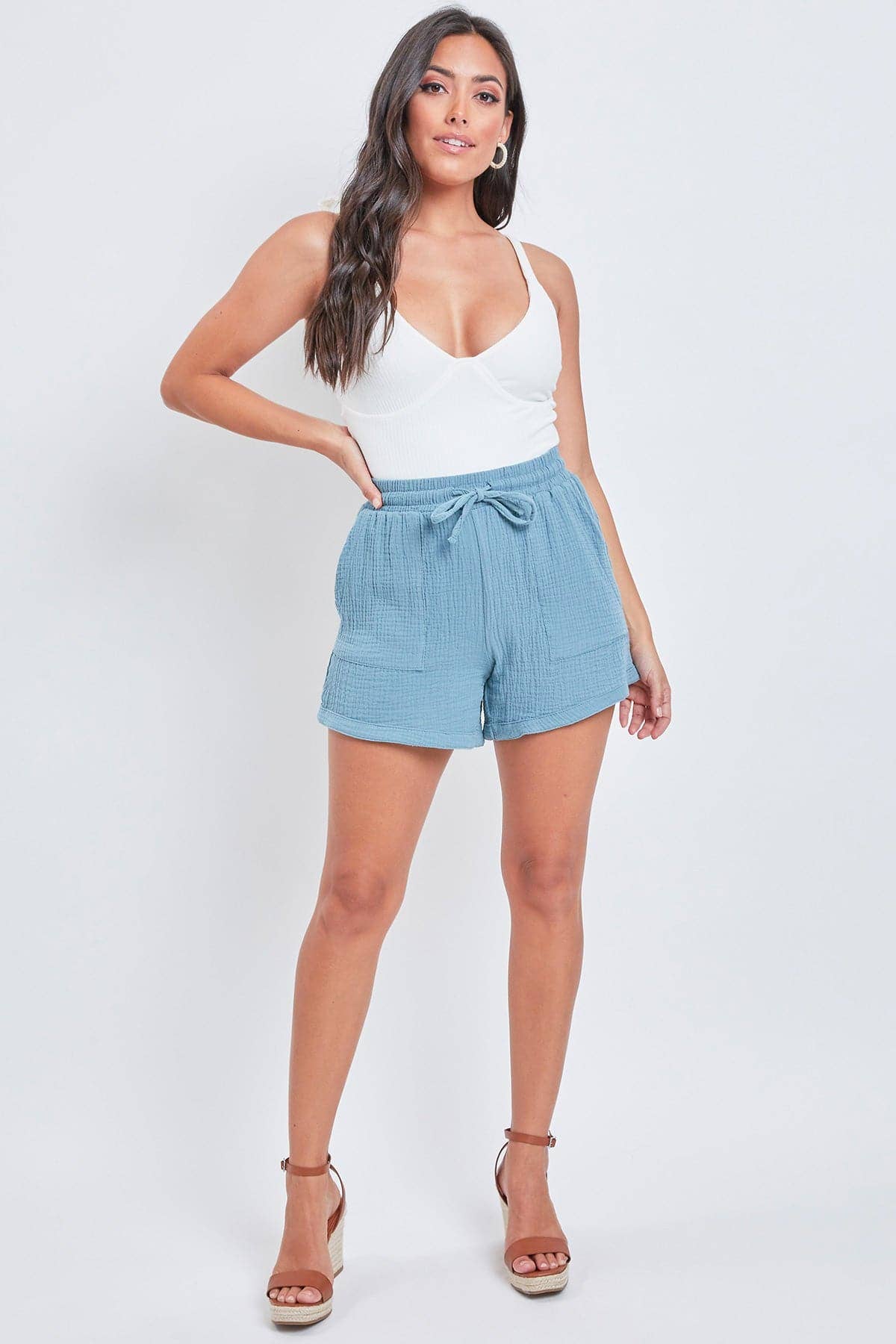 YMI - Wholesale Shorts - Women's - Double Gauze Drawstring Banded Hem Shorts Deal-S2729DG16