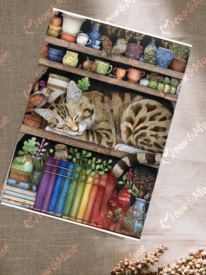 Postcard 'The Library Cat’s Dream' for wholesale by Meow & Muse