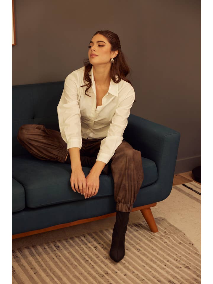 Brown PLEATHER CLASSY CUFFED CARGO JOGGERS-PI6888FO for wholesale on Faire3