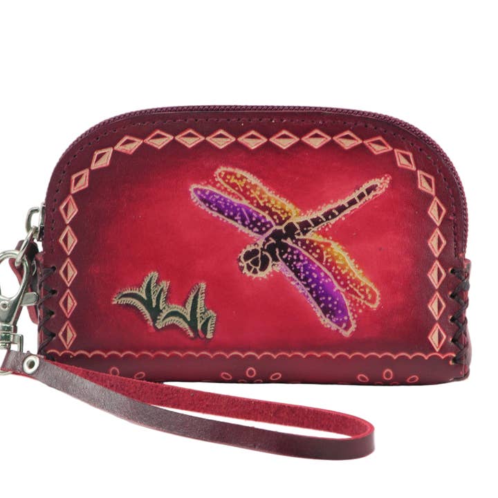 Handmade Dragonfly Wristlet leather coin purse wallet for wholesale by Sunflower Handmade leather inc