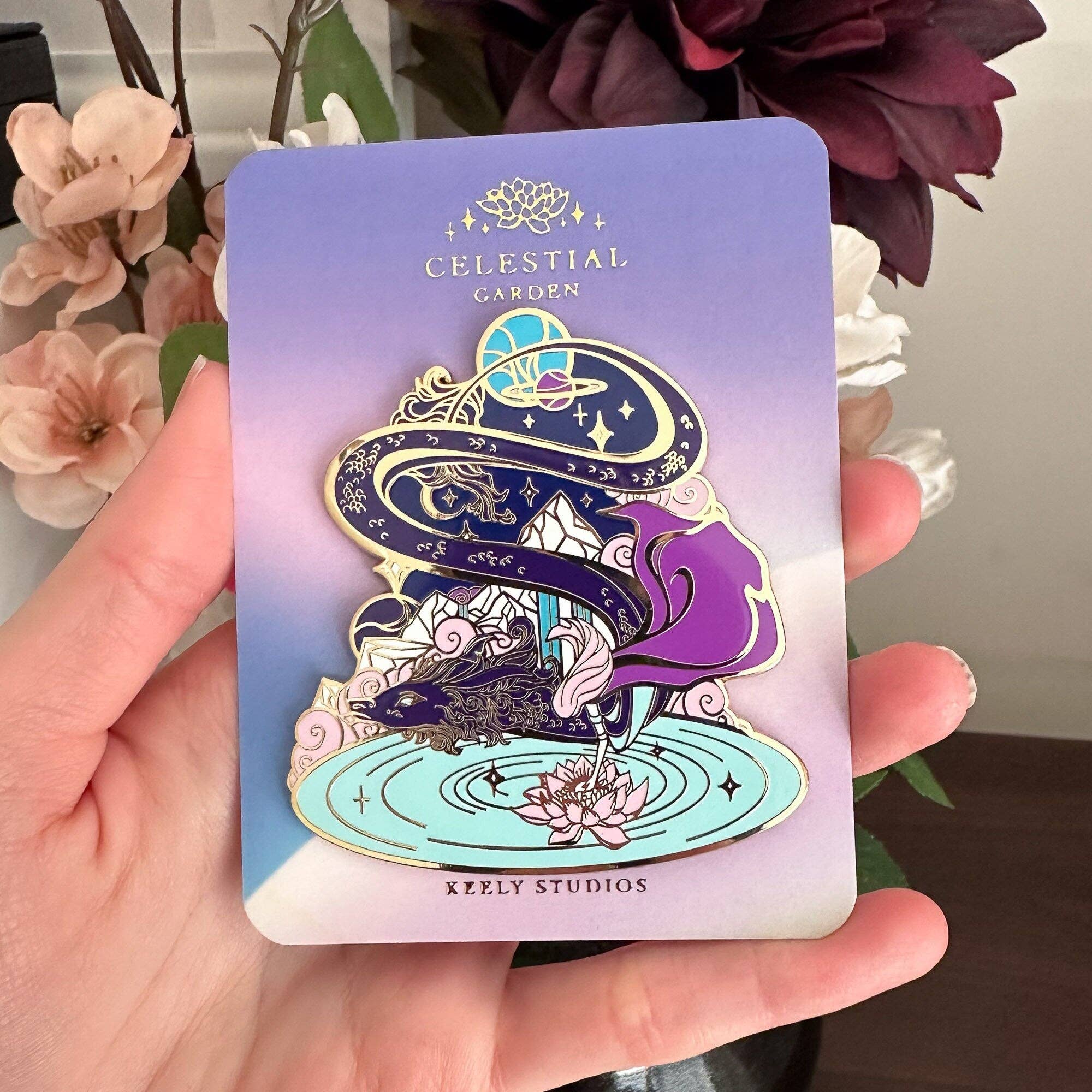 Keely Studios - Wholesale Lapel Pin/Button - Gold Celestial Garden Star Dragon Hard Enamel Pin0
