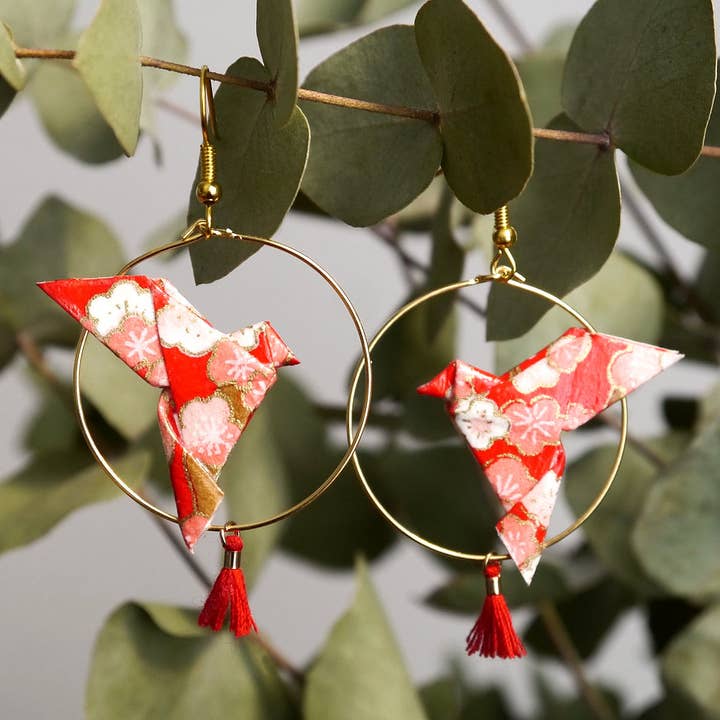 Dix janvier - Venta al por mayor Pendientes colgantes - Pendientes Aro Origami - Palomas y Borlas - Flor Roja