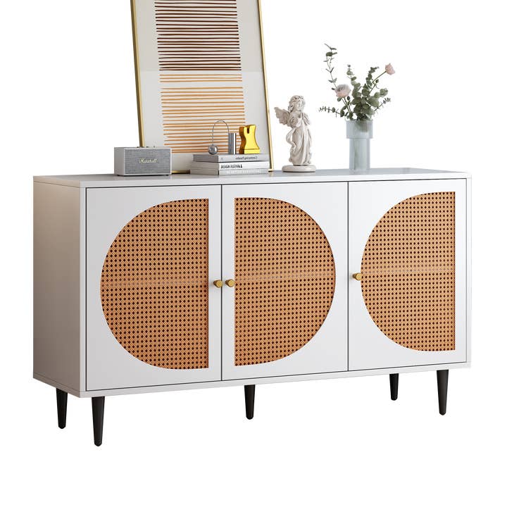 Urban Meuble - Wholesale Cabinet - White wood-effect sideboard with 3 rattan doors, golden handles and legs 129.8x40x76cm OMOIL WHITE8