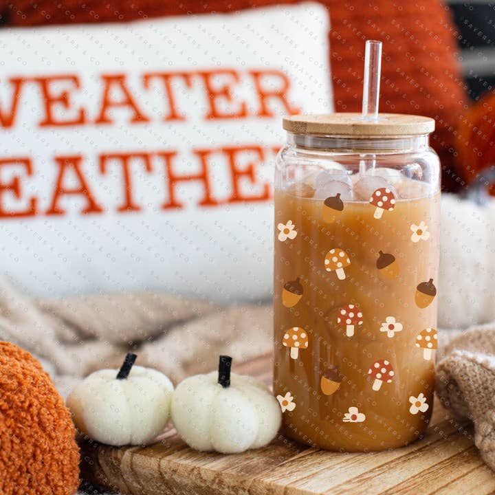 Sayers & Co. - Wholesale Drinking glass/cup - 16oz Micro Mushrooms Iced Coffee Glass Can, Fall Tumbler, Thanksgiving Tumbler, Gift For Her, Fall Mug with Bamboo Lid & Straw #1000572